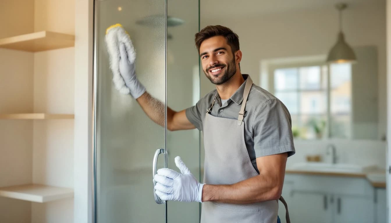 Cleaner scrubbing a glass shower door in an empty bathroom of a suburban Willow Park, TX home with bare shelves