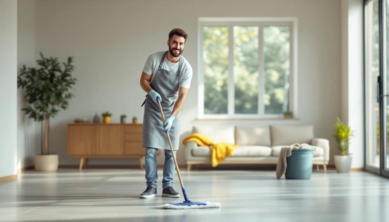Cleaner mopping a bare concrete-look floor in an empty open-plan living area of a Wilmer, TX rental home