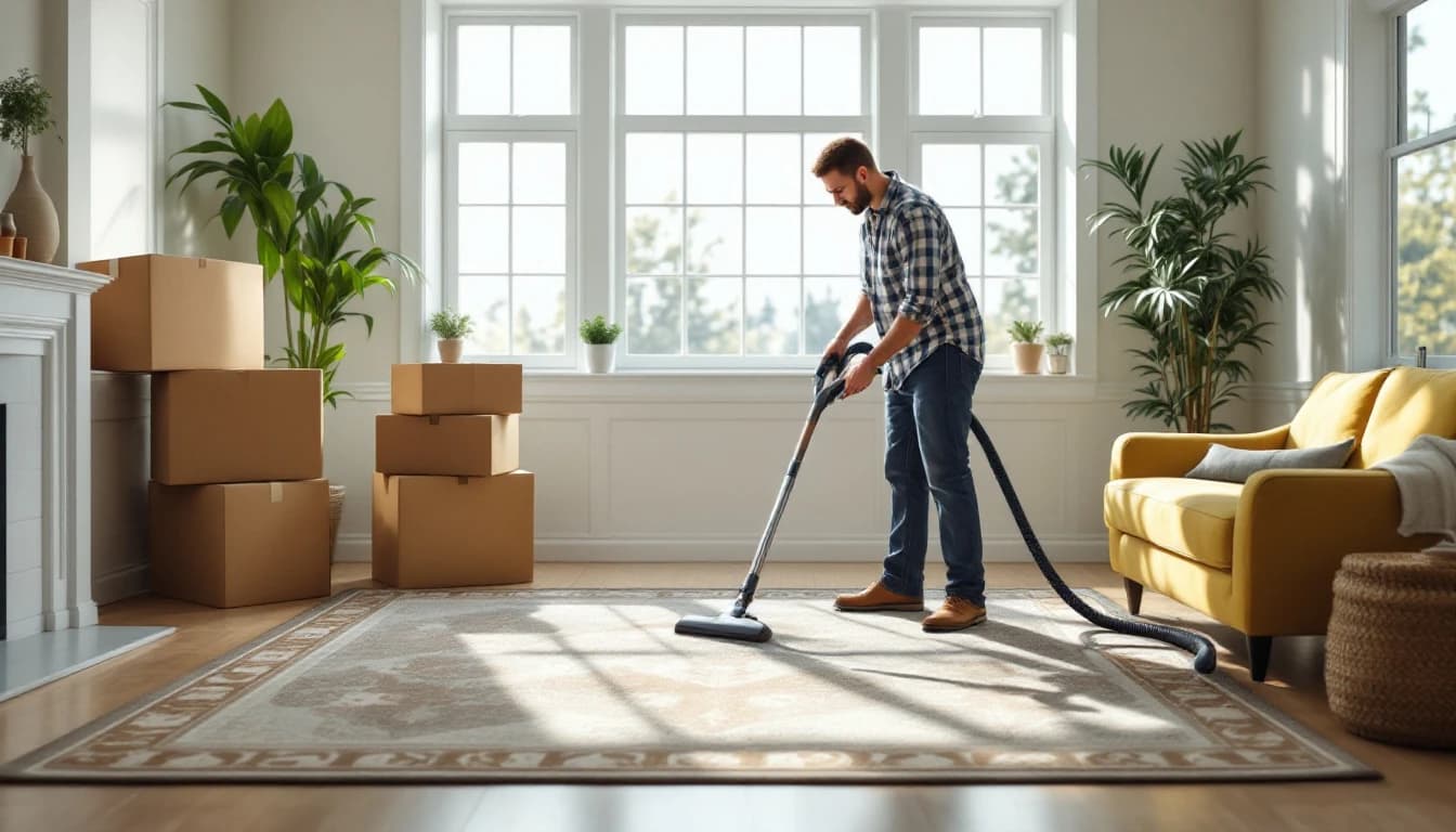 Cleaner vacuuming a patterned area rug in a craftsman-style Fort Worth living room with a few unpacked moving boxes against the wall