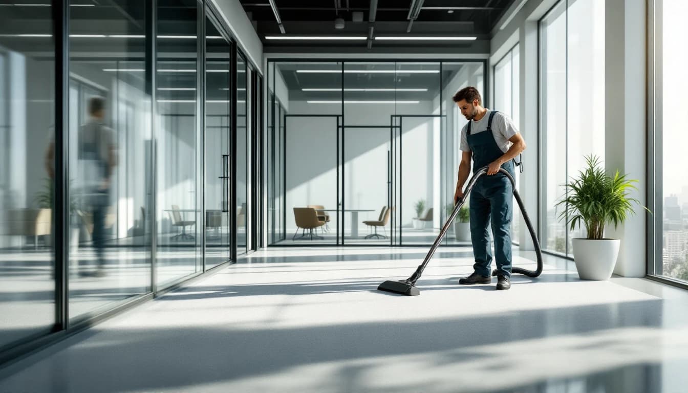Commercial cleaner vacuuming low-pile carpet in an open-plan small business office with a glass-walled conference room in Burleson, TX