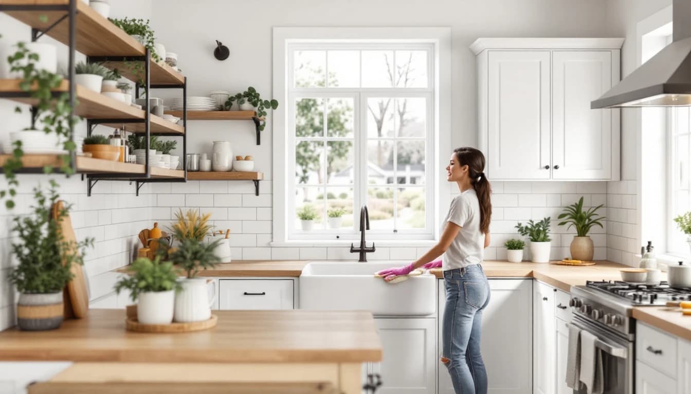 Cleaner wiping white shaker cabinet fronts in a Weatherford, TX farmhouse-style kitchen with an apron sink and open wood shelving